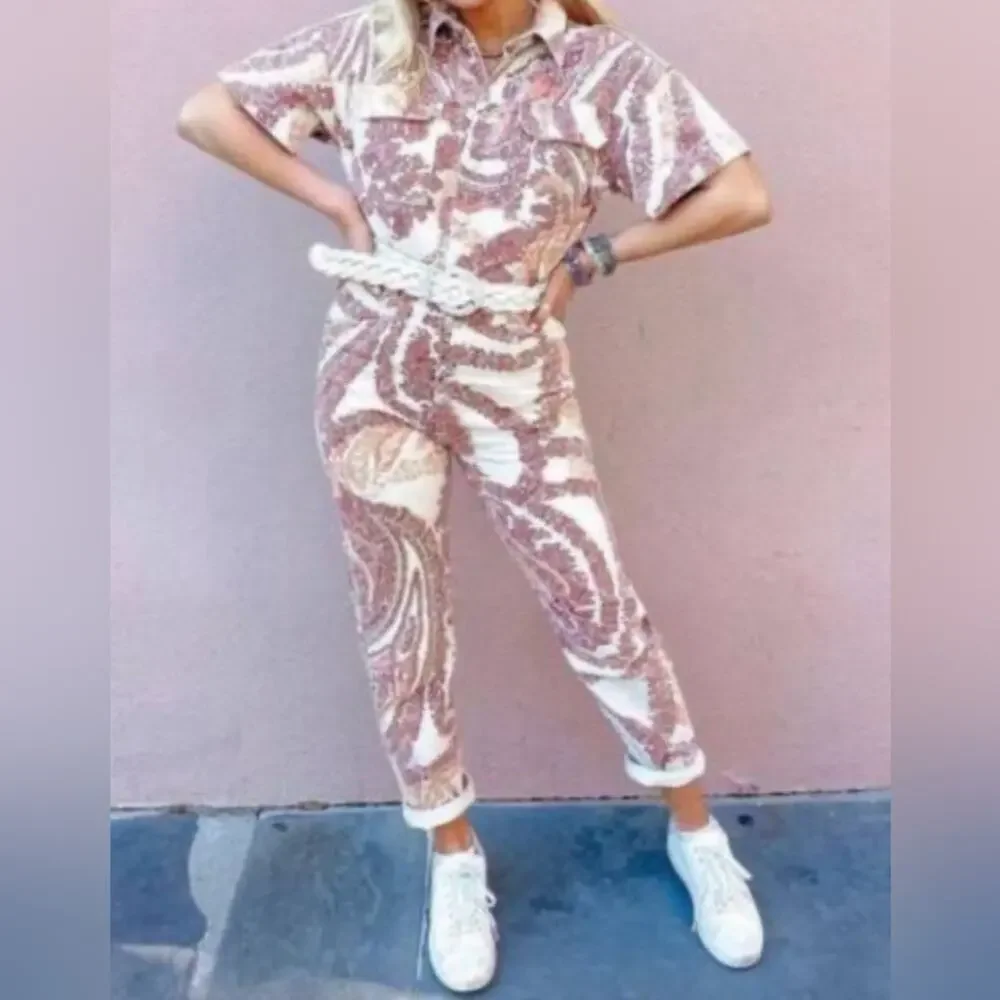 We The Free Cream and Brown Paisley Jumpsuit